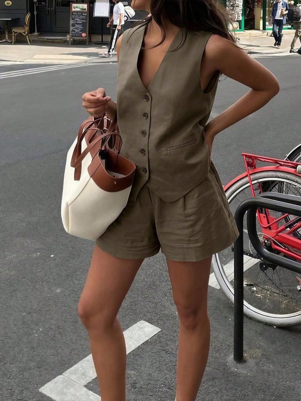 Brown Casual Women's Loose Single-Breasted Vest And Shorts Set - Picture 4 of 5